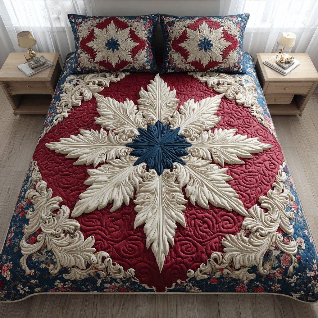 Sapphire Snowflake Scroll quilted 3-piece bedding set on a made bed in a winter-styled bedroom