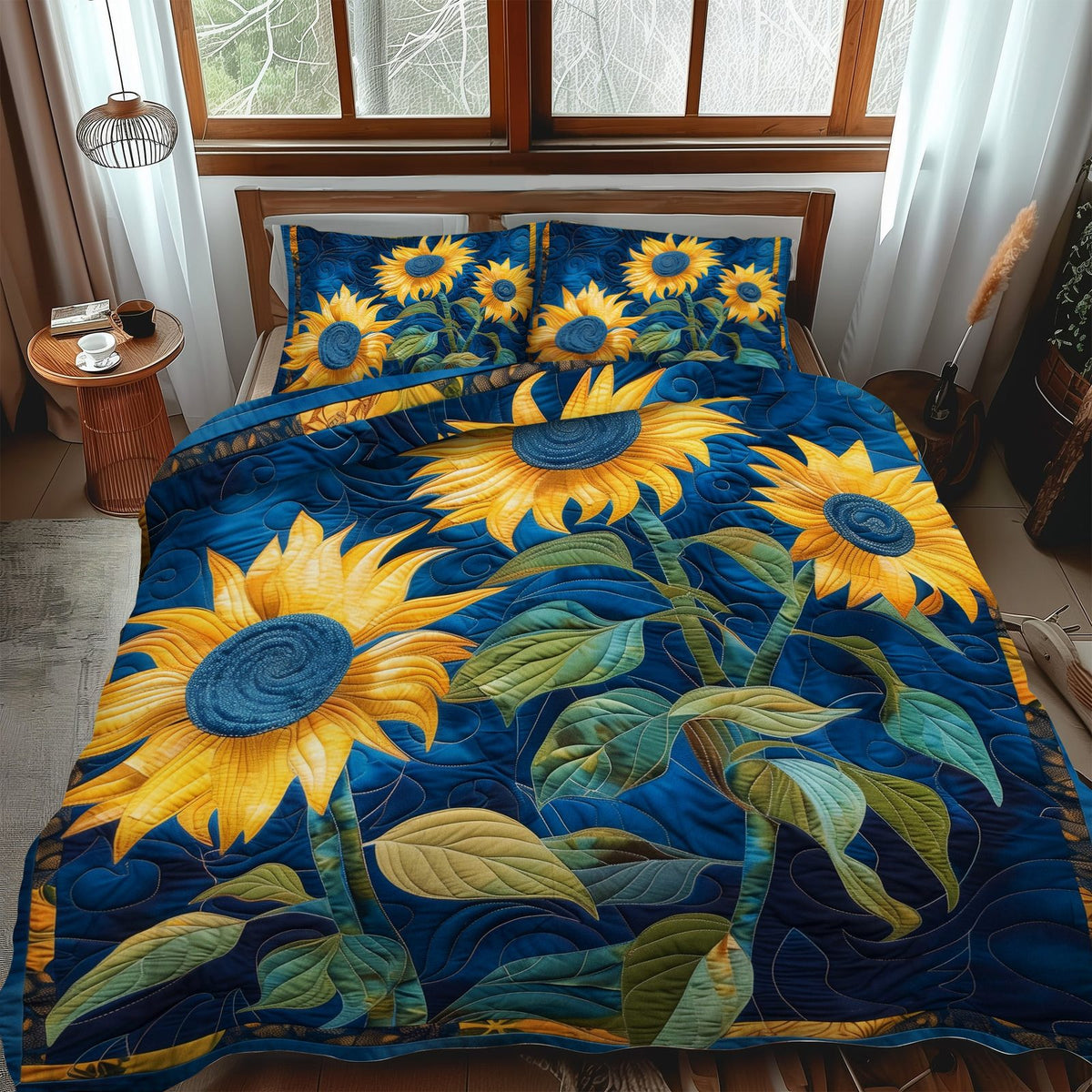 Sapphire Sunflower quilted 3-piece bedding set on a made bed with two matching pillow shams