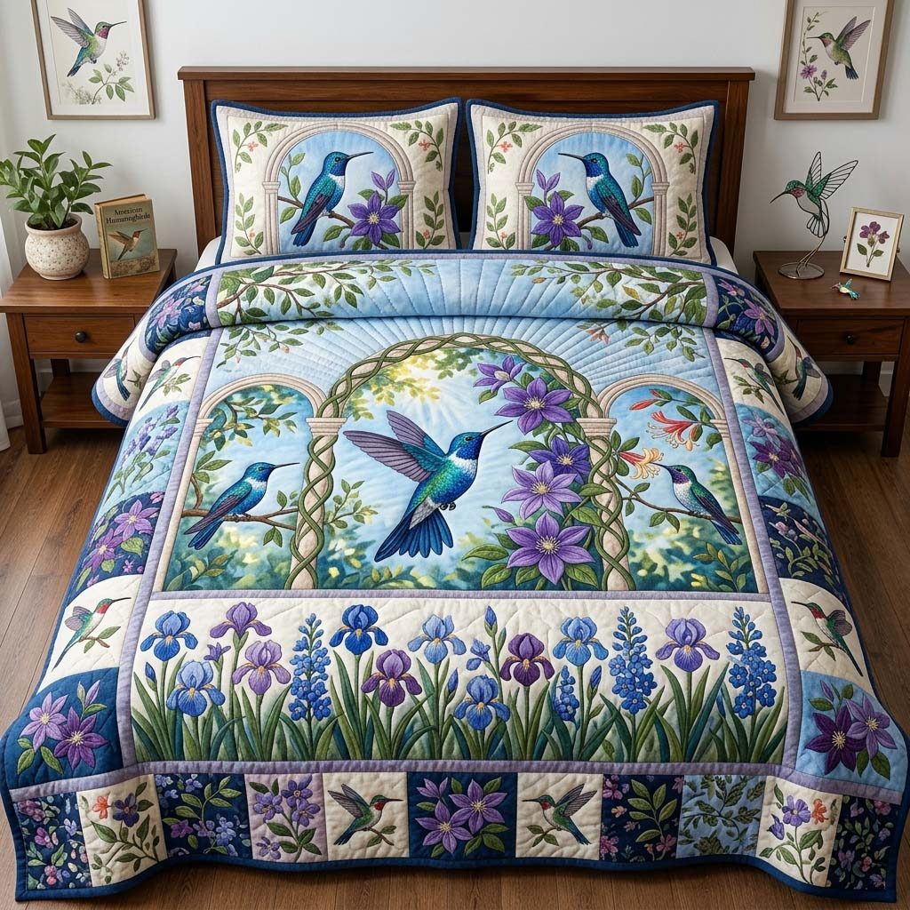 Sapphire Vine Sanctuary quilted 3-piece bedding set on a made bed with two matching pillow shams