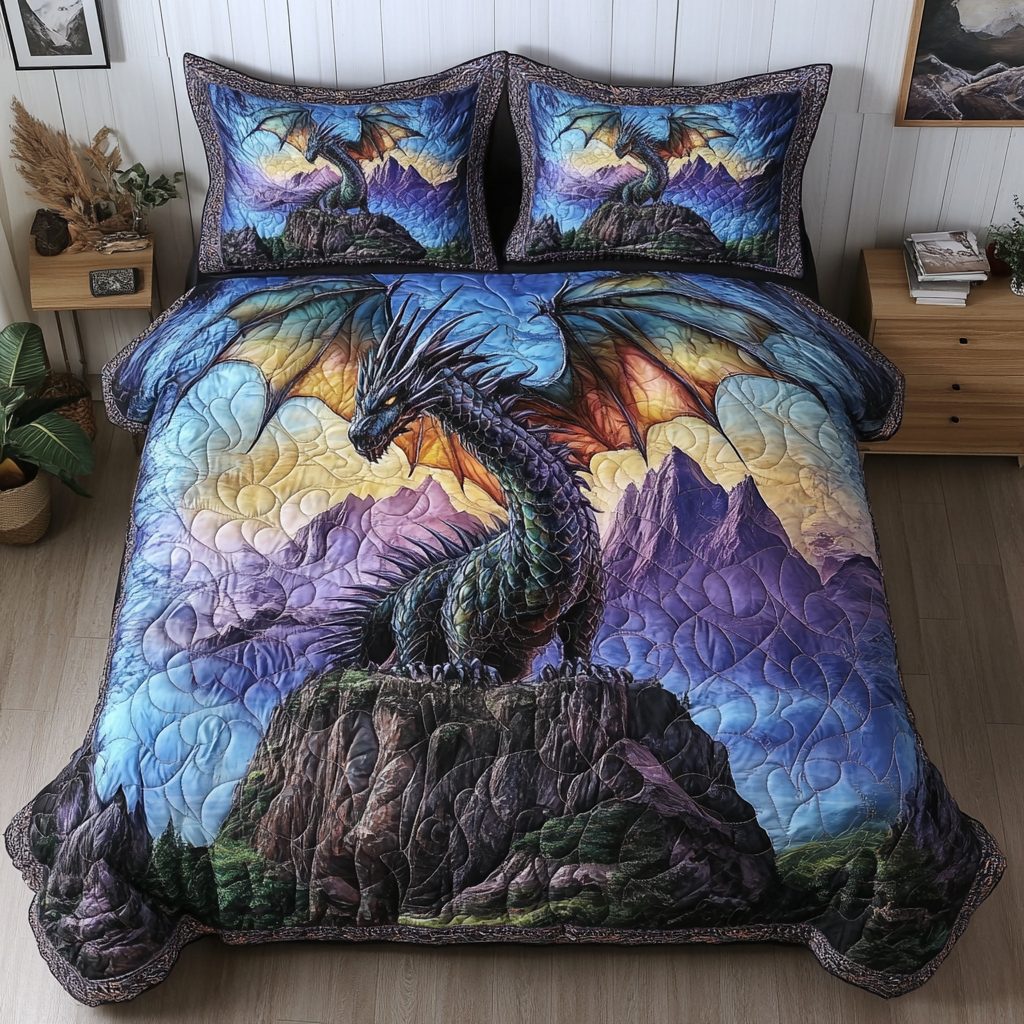 Sapphire Wrath quilted 3-piece bedding set on a made bed with two matching pillow shams