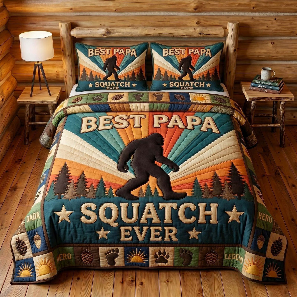 Sasquatch Dad quilted 3-piece bedding set on a made bed with two matching pillow shams