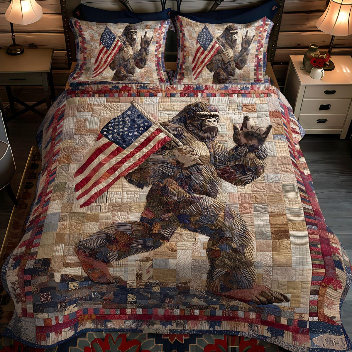 Sasquatch Liberty quilted 3-piece bedding set on a made bed in a warmly lit bedroom