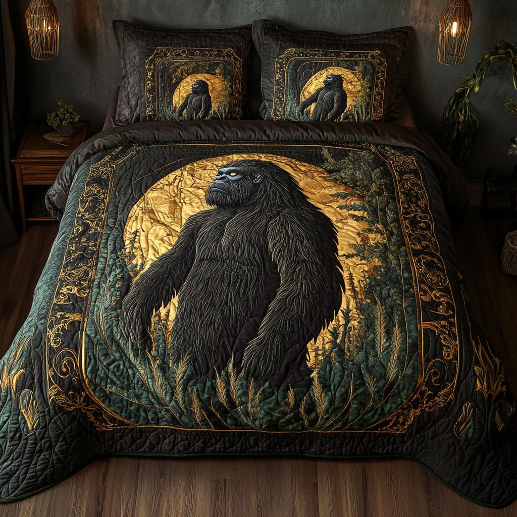 Sasquatch Midnight Glare quilted 3-piece bedding set on a made bed with two matching pillow shams