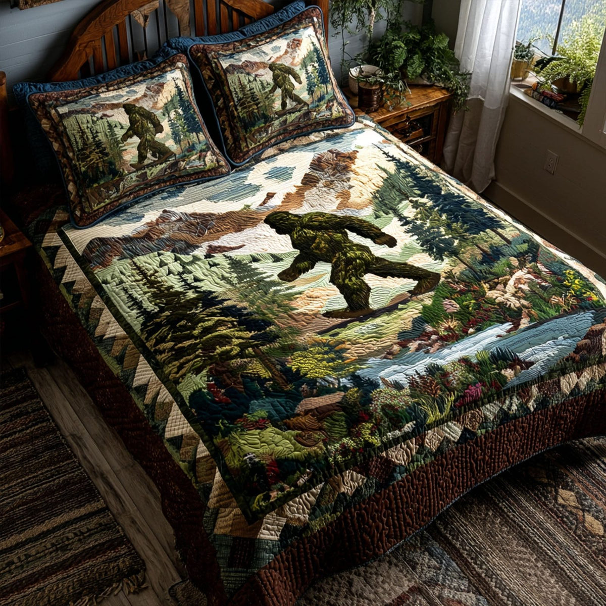 Sasquatch Spirit quilted 3-piece bedding set on a made bed with two matching pillow shams