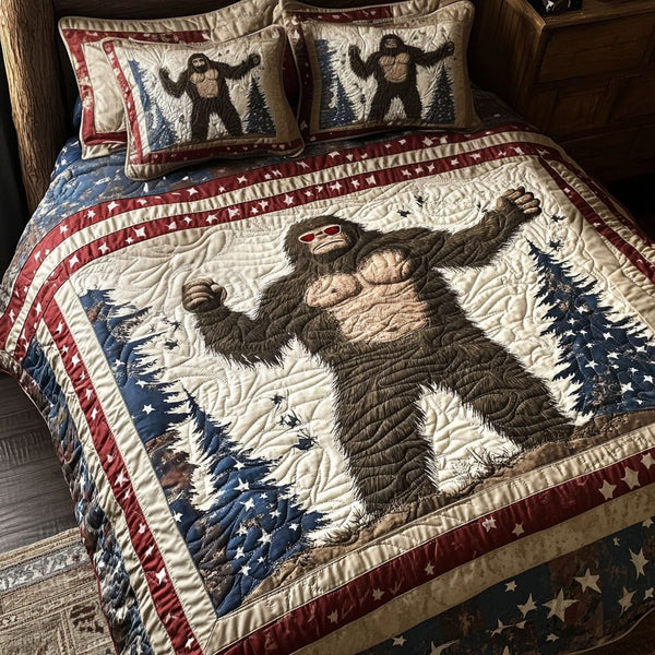 Sasquatch Stars quilted 3-piece bedding set on a made bed with two matching pillow shams