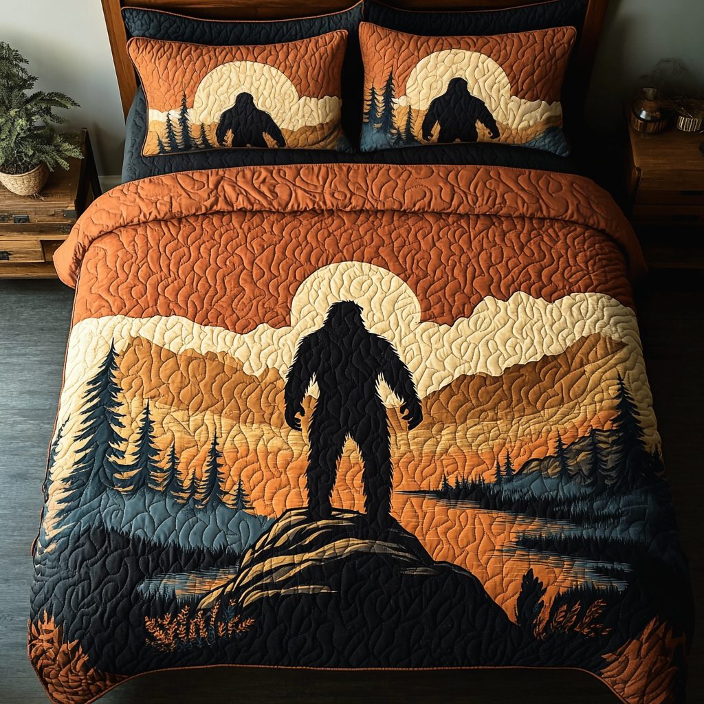 Sasquatch Sunset quilted 3-piece bedding set on a made bed with two matching pillow shams