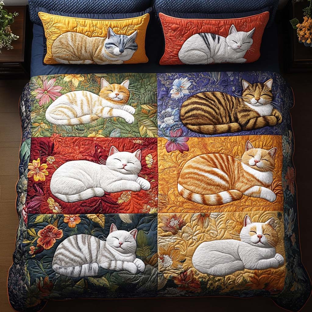 Sassy Cat Mood quilted 3-piece bedding set on a made bed with two matching pillow shams