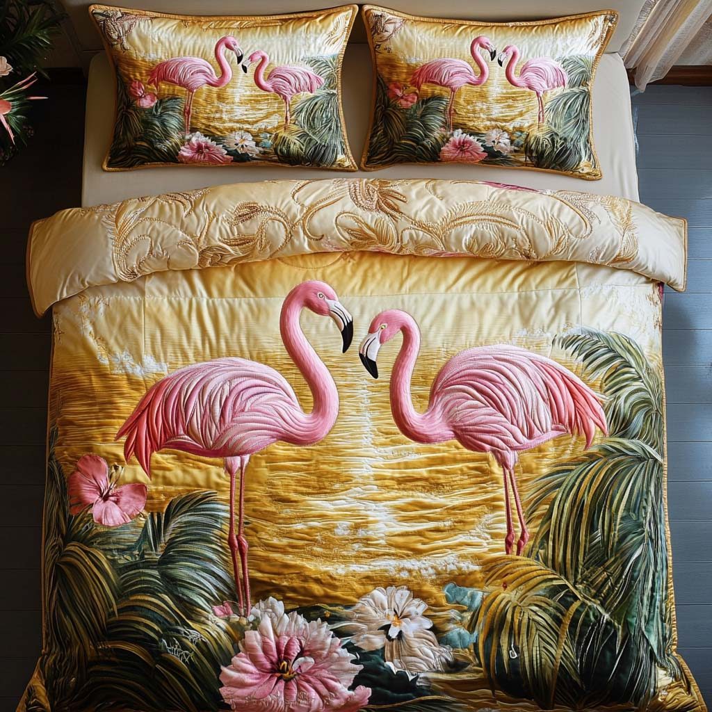 Sassy in Pink quilted 3-piece bedding set on a made bed with two matching pillow shams