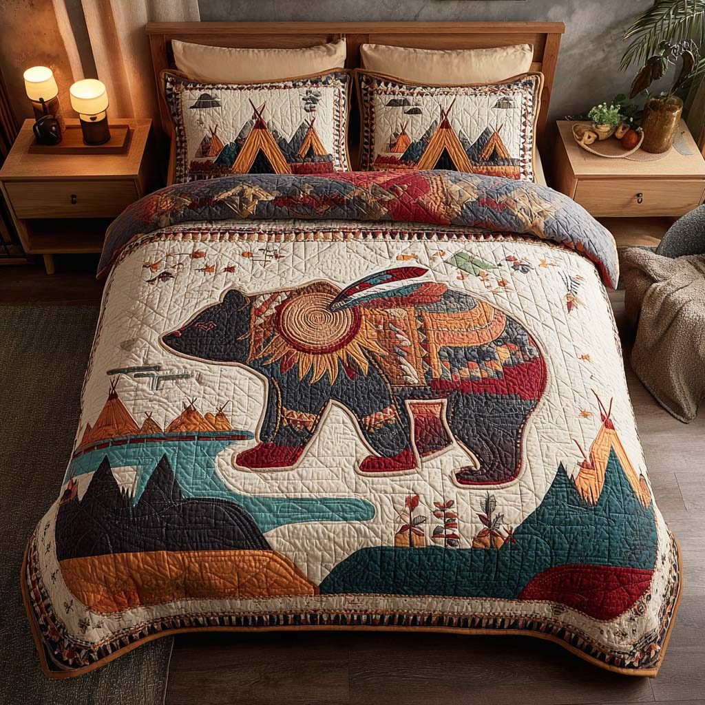 Savage Paw quilted 3-piece bedding set on a made bed with two matching pillow shams