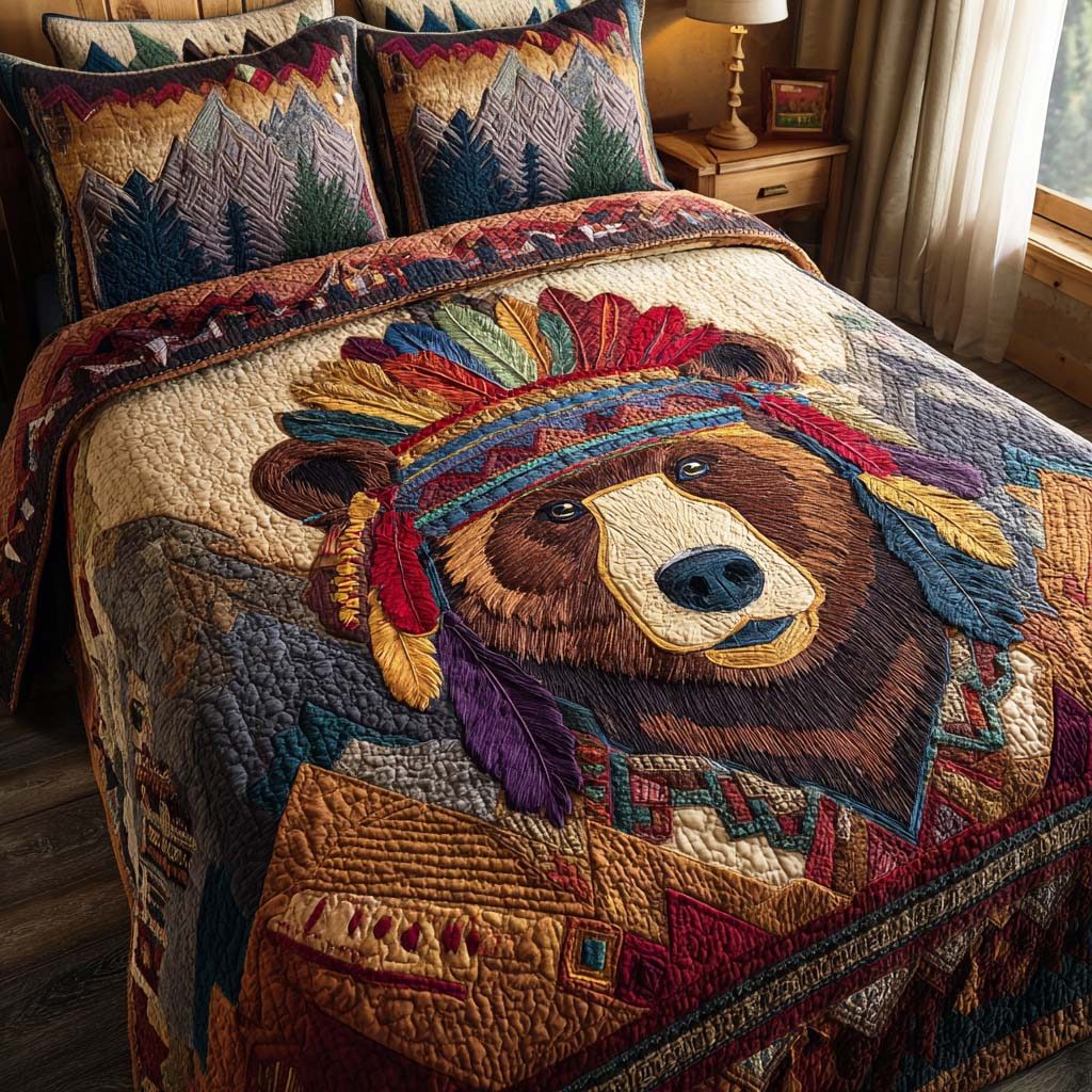 Savage Roar quilted 3-piece bedding set on a made bed with two matching pillow shams