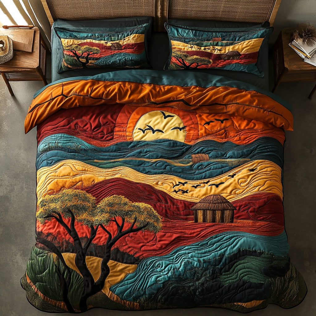 Savanna Glow quilted 3-piece bedding set on a made bed with two matching pillow shams
