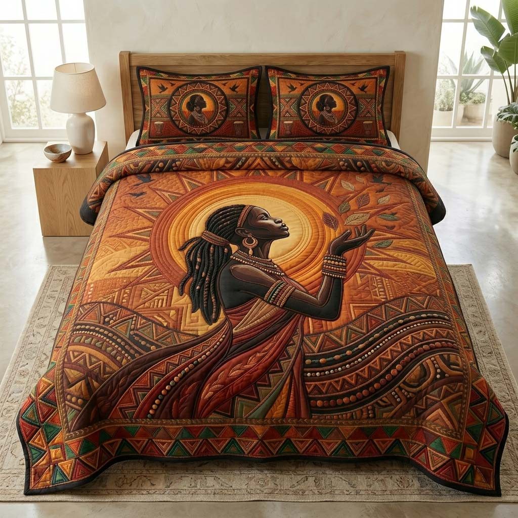 Savanna Grace quilted 3-piece bedding set on a made bed with two matching pillow shams