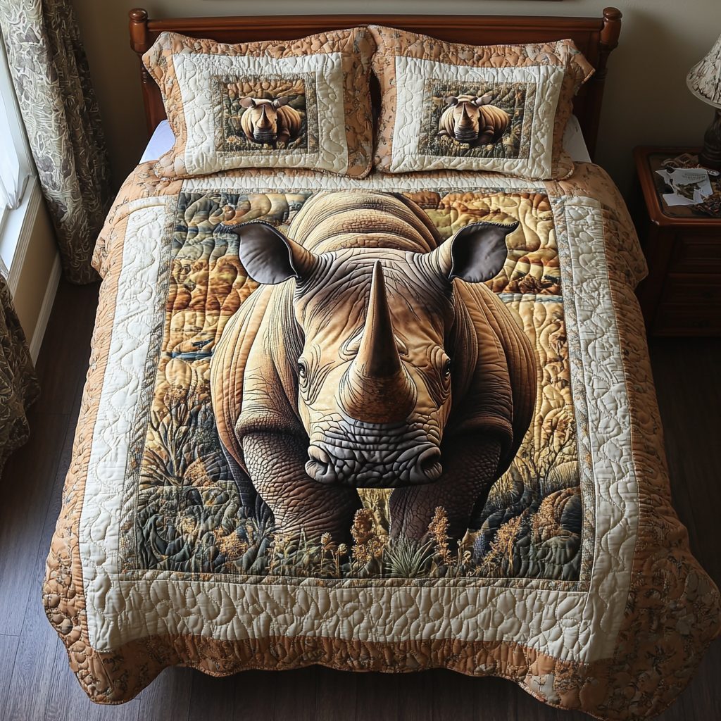 Savanna Guardian quilted 3-piece bedding set on a made bed with two matching pillow shams