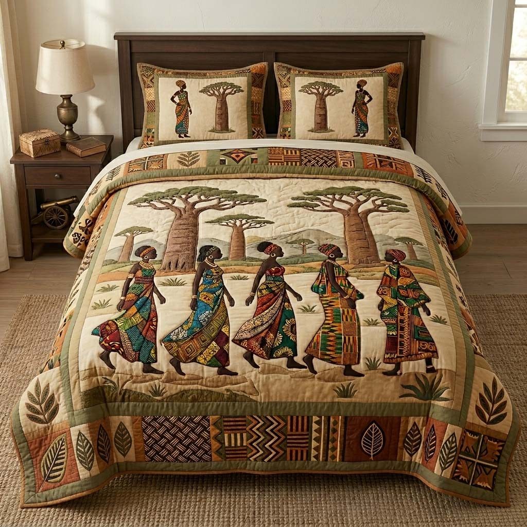 Savanna Journey quilted 3-piece bedding set on a made bed with two matching pillow shams
