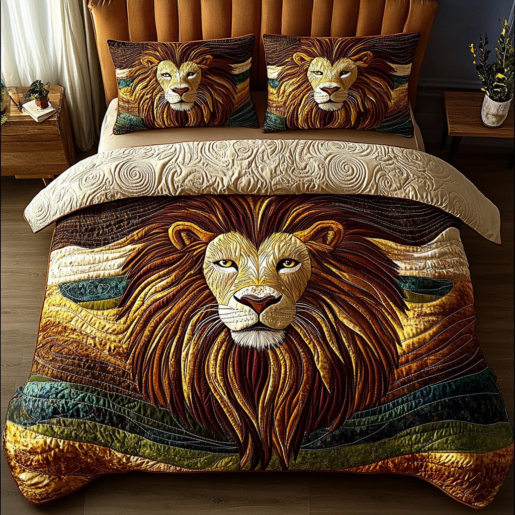 Savanna King quilted 3-piece bedding set on a made bed with two matching pillow shams