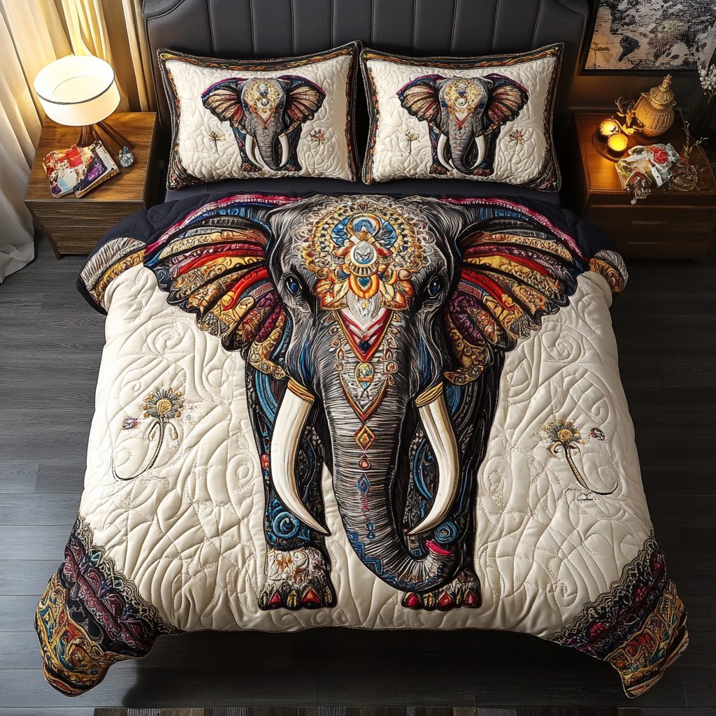 Savanna Stomp quilted 3-piece bedding set on a made bed with two matching pillow shams