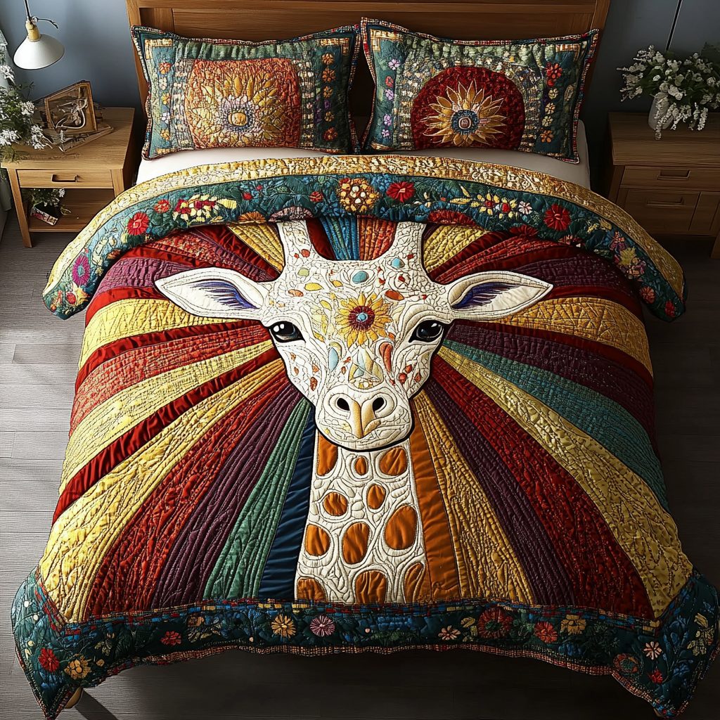 Savanna Wanderer quilted 3-piece bedding set on a made bed with two matching pillow shams