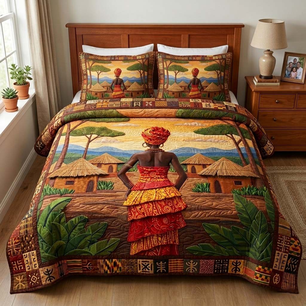Savanna Woman quilted 3-piece bedding set on a made bed with two matching pillow shams