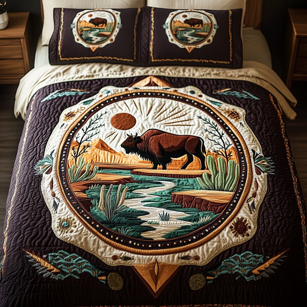Savannah Calm quilted 3-piece bedding set on a made bed with two matching pillow shams