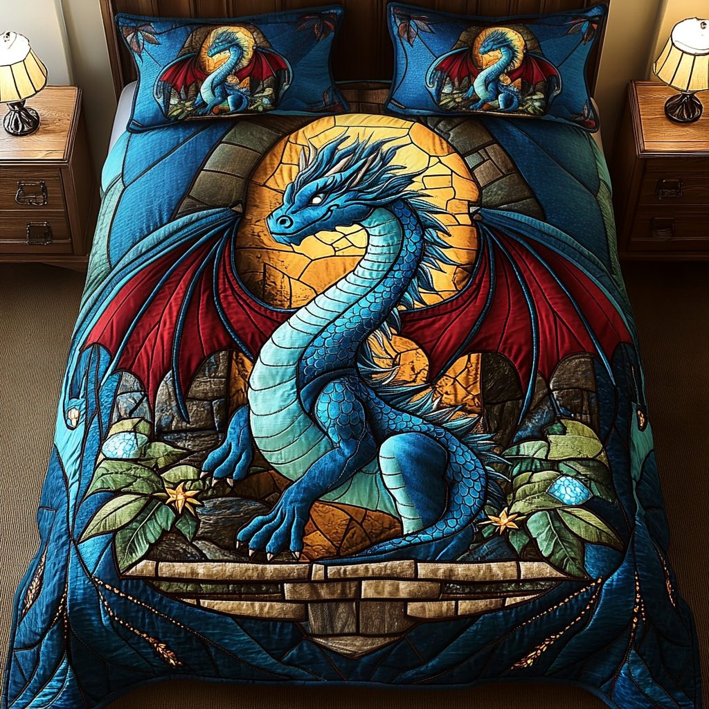 Scaled Majesty quilted 3-piece bedding set on a made bed with two matching pillow shams