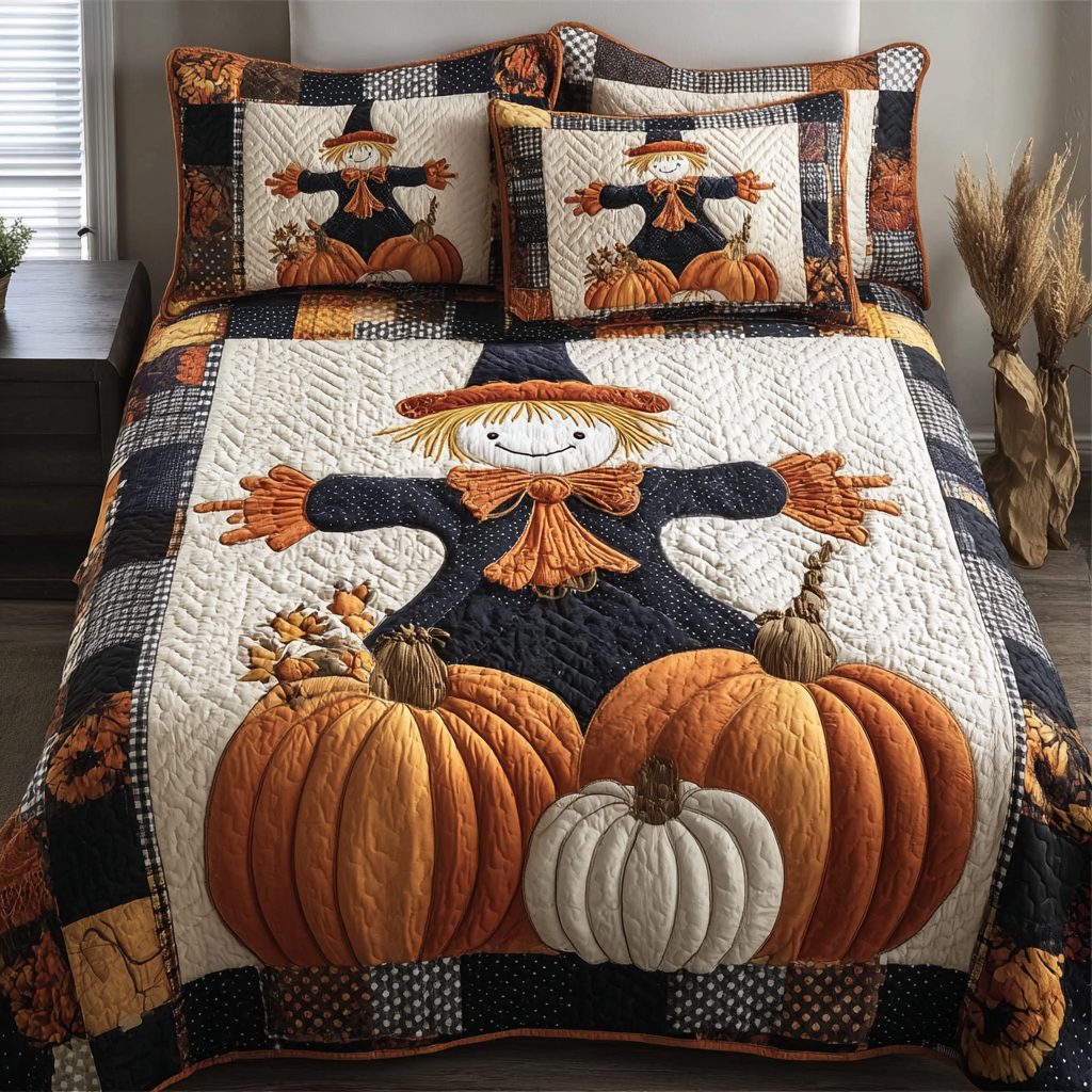 Scarecrow Smile quilted 3-piece bedding set on a made bed with two matching pillow shams