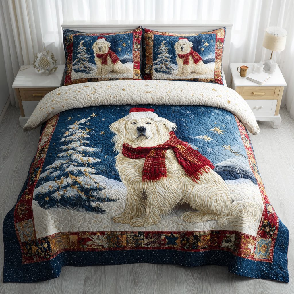 Scarf Great Pyrenees quilted 3-piece bedding set on a made bed with two matching pillow shams