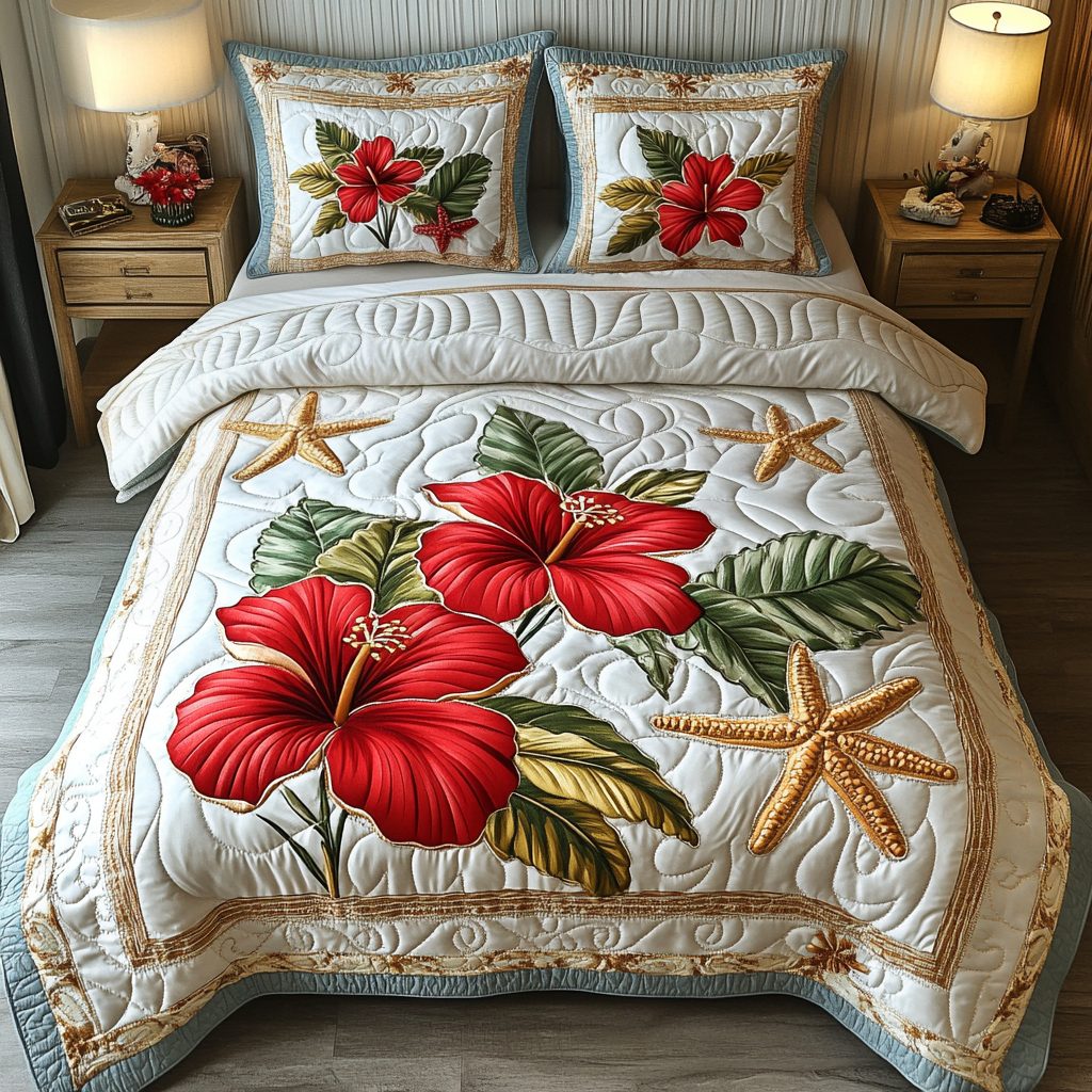 Scarlet Bloom quilted 3-piece bedding set on a made bed with two matching pillow shams