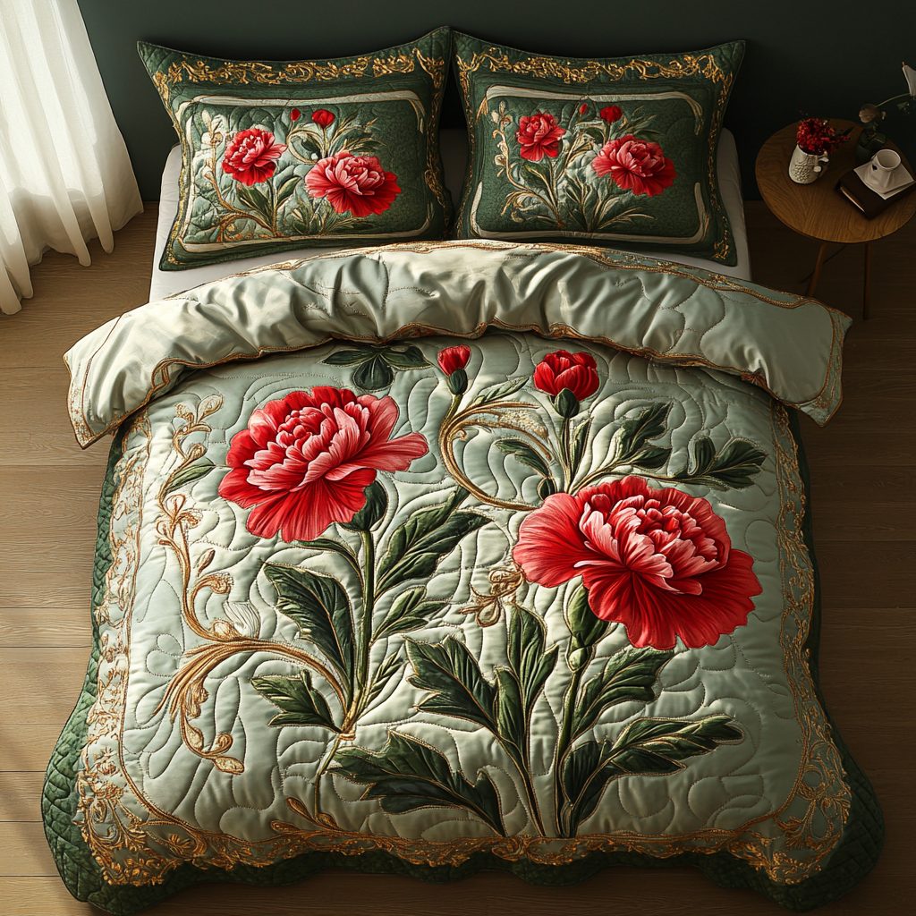 Scarlet Bloom quilted 3-piece bedding set on a made bed with two matching pillow shams