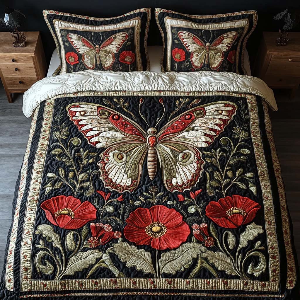 Scarlet Bloom quilted 3-piece bedding set on a made bed with two matching pillow shams