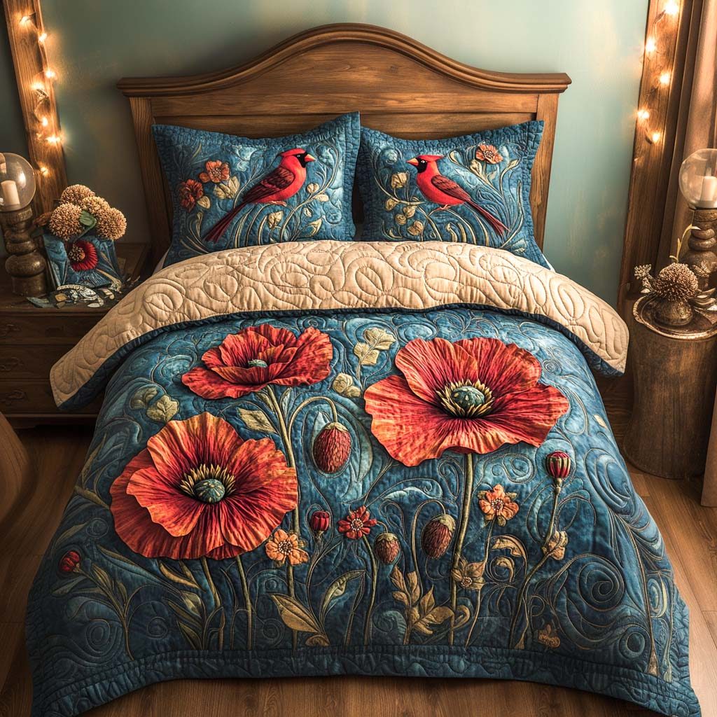 Scarlet Bloom quilted 3-piece bedding set on a made bed with two matching pillow shams