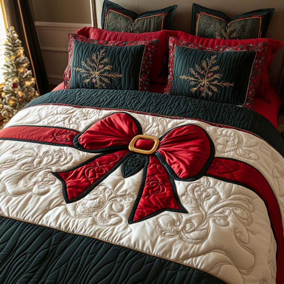 Scarlet Bow quilted 3-piece bedding set on a made bed with two matching pillow shams