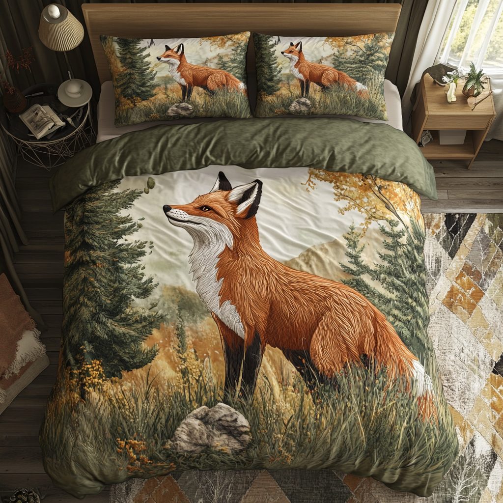 Scarlet Fox quilted 3-piece bedding set on a made bed with two matching pillow shams