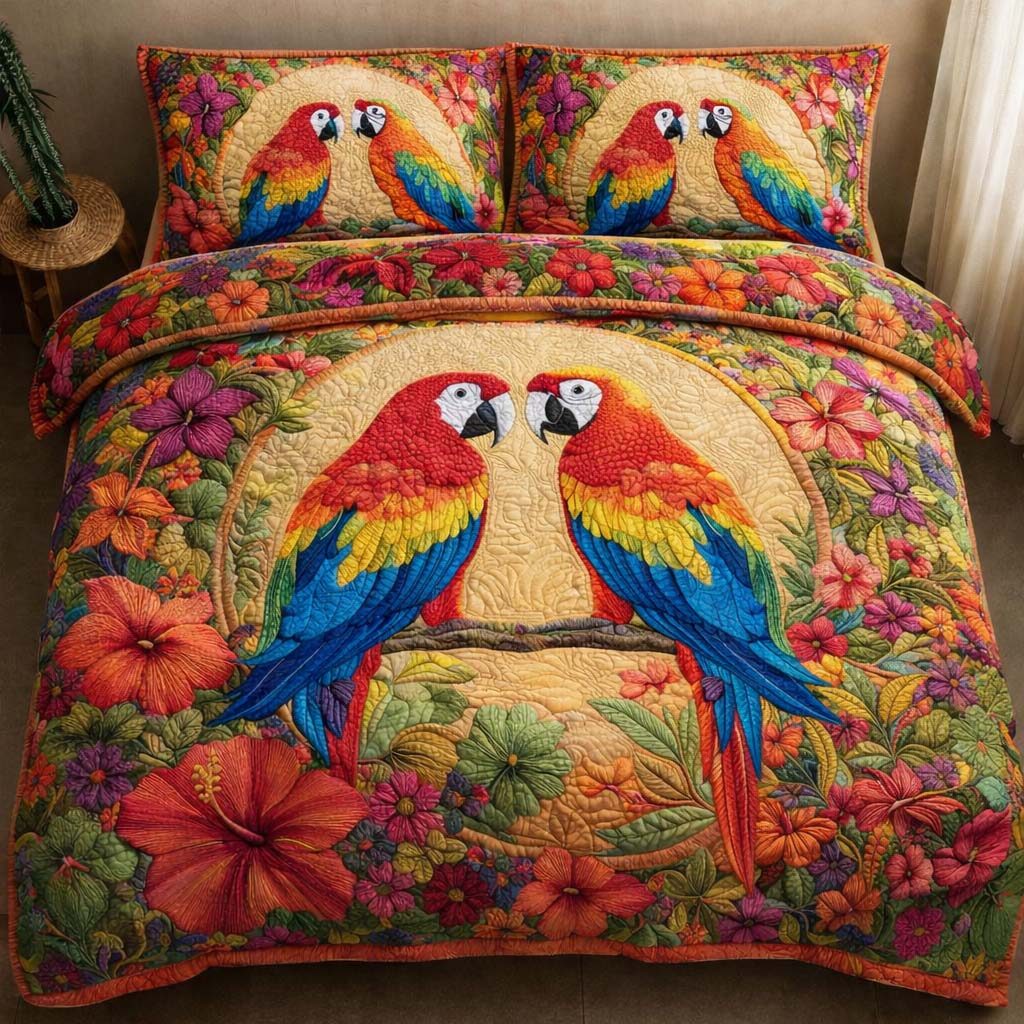 Scarlet Garden quilted 3-piece bedding set on a made bed with two matching pillow shams