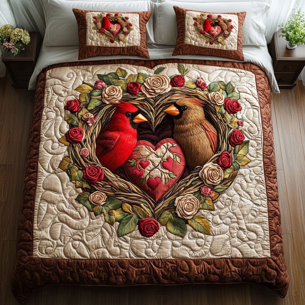 Scarlet Serenade quilted 3-piece bedding set on a made bed with two matching pillow shams