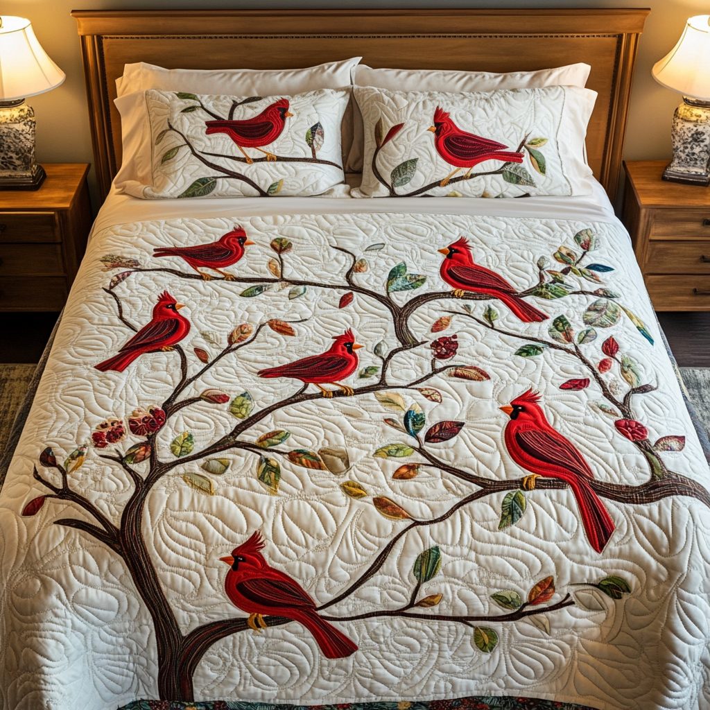 Scarlet Symphony quilted 3-piece bedding set on a made bed with two matching pillow shams
