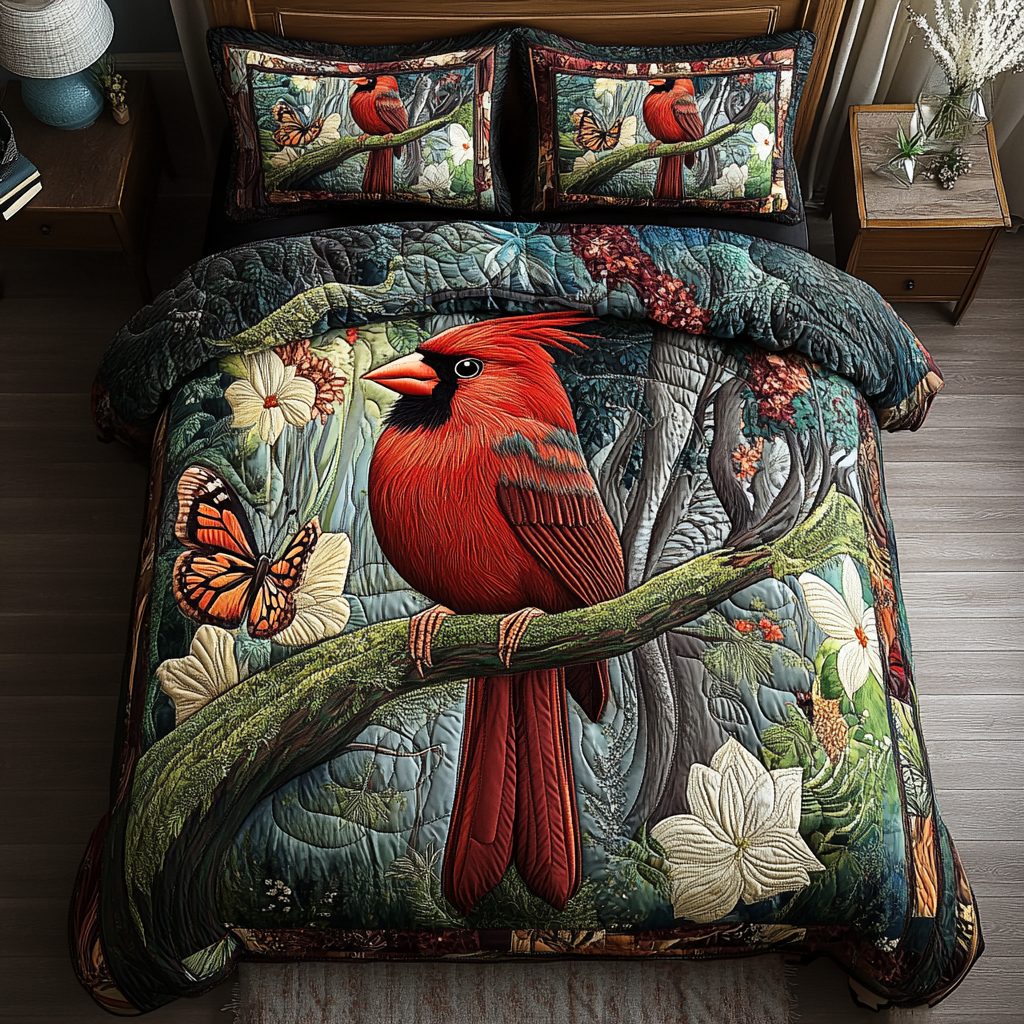 Scarlet Wings quilted 3-piece bedding set on a made bed with two matching pillow shams