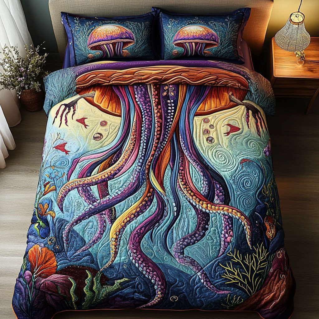 Scary Serenity quilted 3-piece bedding set on a made bed with two matching pillow shams