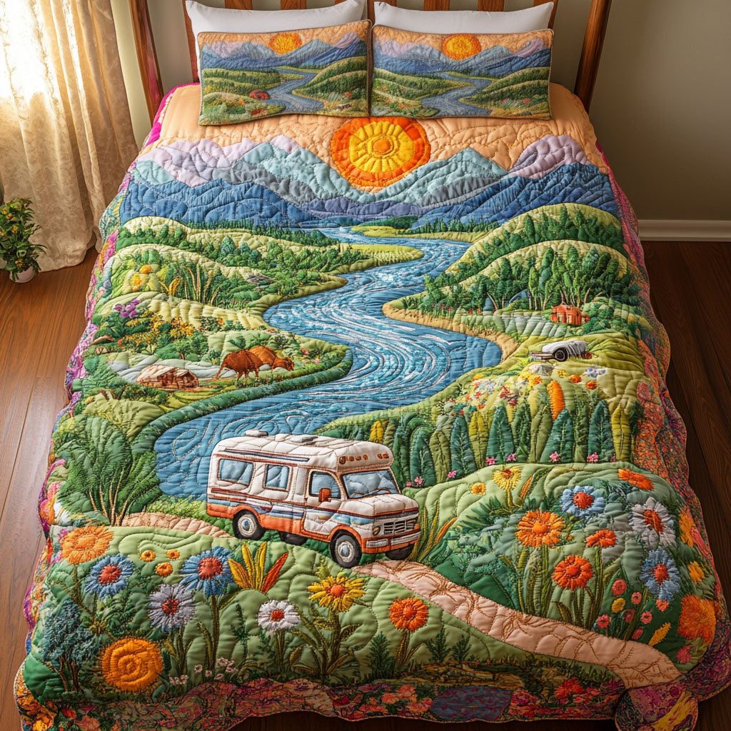 Scenic Escapes quilted 3-piece bedding set on a made bed with two matching pillow shams