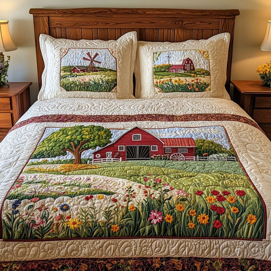 Scenic Farmstead quilted 3-piece bedding set on a made bed with two matching pillow shams