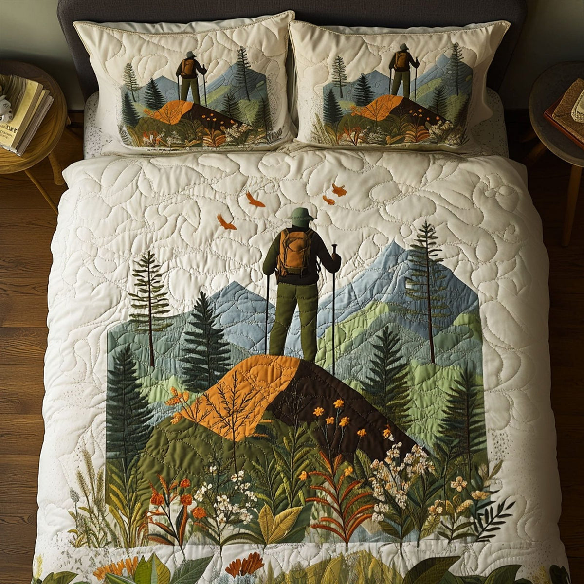 Scenic Trail quilted 3-piece bedding set on a made bed with two matching pillow shams