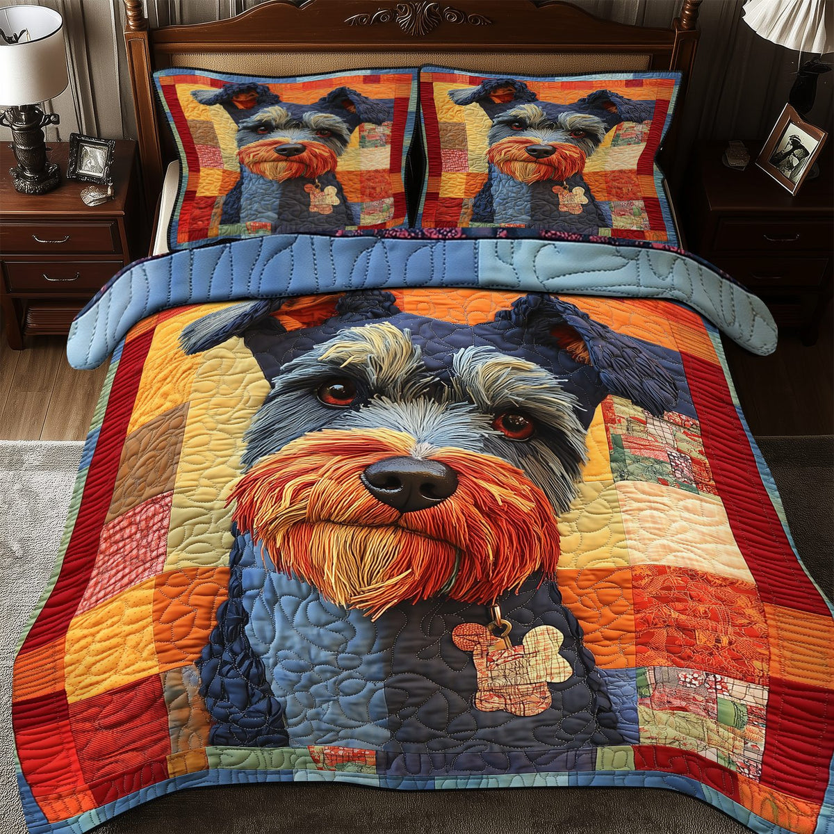 Schnauzer quilted 3-piece bedding set on a made bed with two matching pillow shams