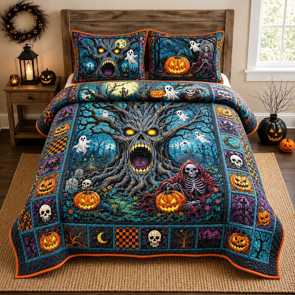 Screaming Haunted Tree quilted 3-piece bedding set on a made bed against a dark styled interior