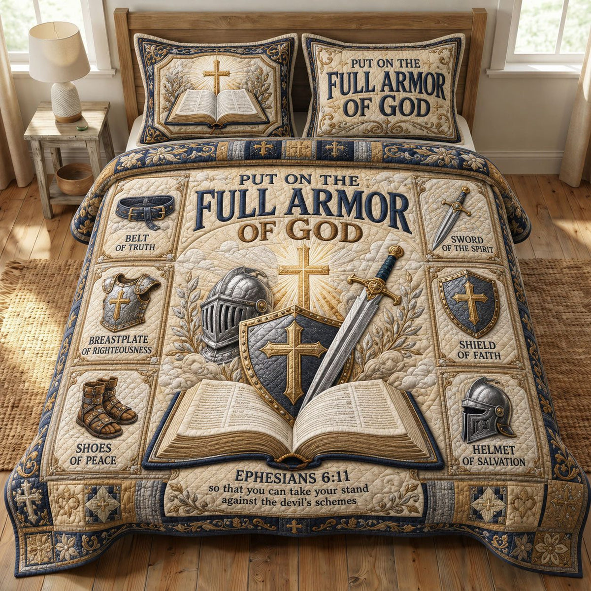 Scripture Battle Grace quilted 3-piece bedding set on a made bed in a softly lit bedroom