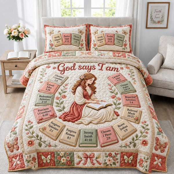 Scripture Garden Girl quilted 3-piece bedding set on a made bed in a softly lit bedroom