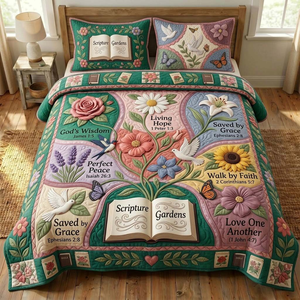 Scripture Garden quilted 3-piece bedding set on a made bed in a softly lit bedroom