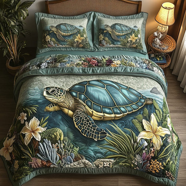 Sea Adventure quilted 3-piece bedding set on a made bed in a winter-styled bedroom