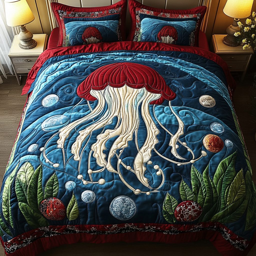 Sea Bloom quilted 3-piece bedding set on a made bed in a light coastal bedroom