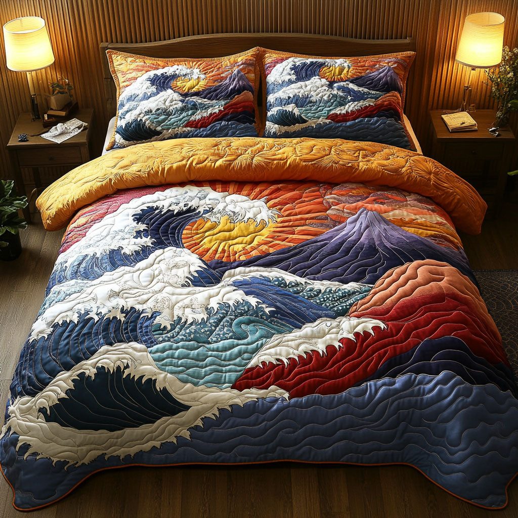 Sea Breeze Dream quilted 3-piece bedding set on a made bed in a light coastal bedroom