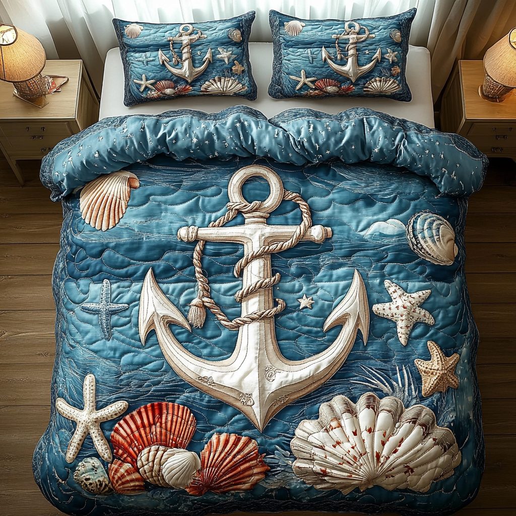 Sea Breeze Haven quilted 3-piece bedding set on a made bed in a light coastal bedroom