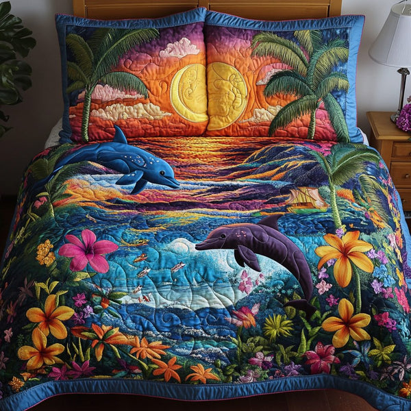 Sea Breeze quilted 3-piece bedding set on a made bed in a light coastal bedroom